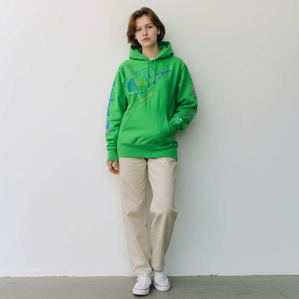 Champion Reverse Weave Multi-Logo Graphic Hoodie Lime Green Size L Streetwear